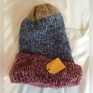 Elegant Knit Reversible Beanie in Blue, Cream, Tan, and Dark Cranberry
